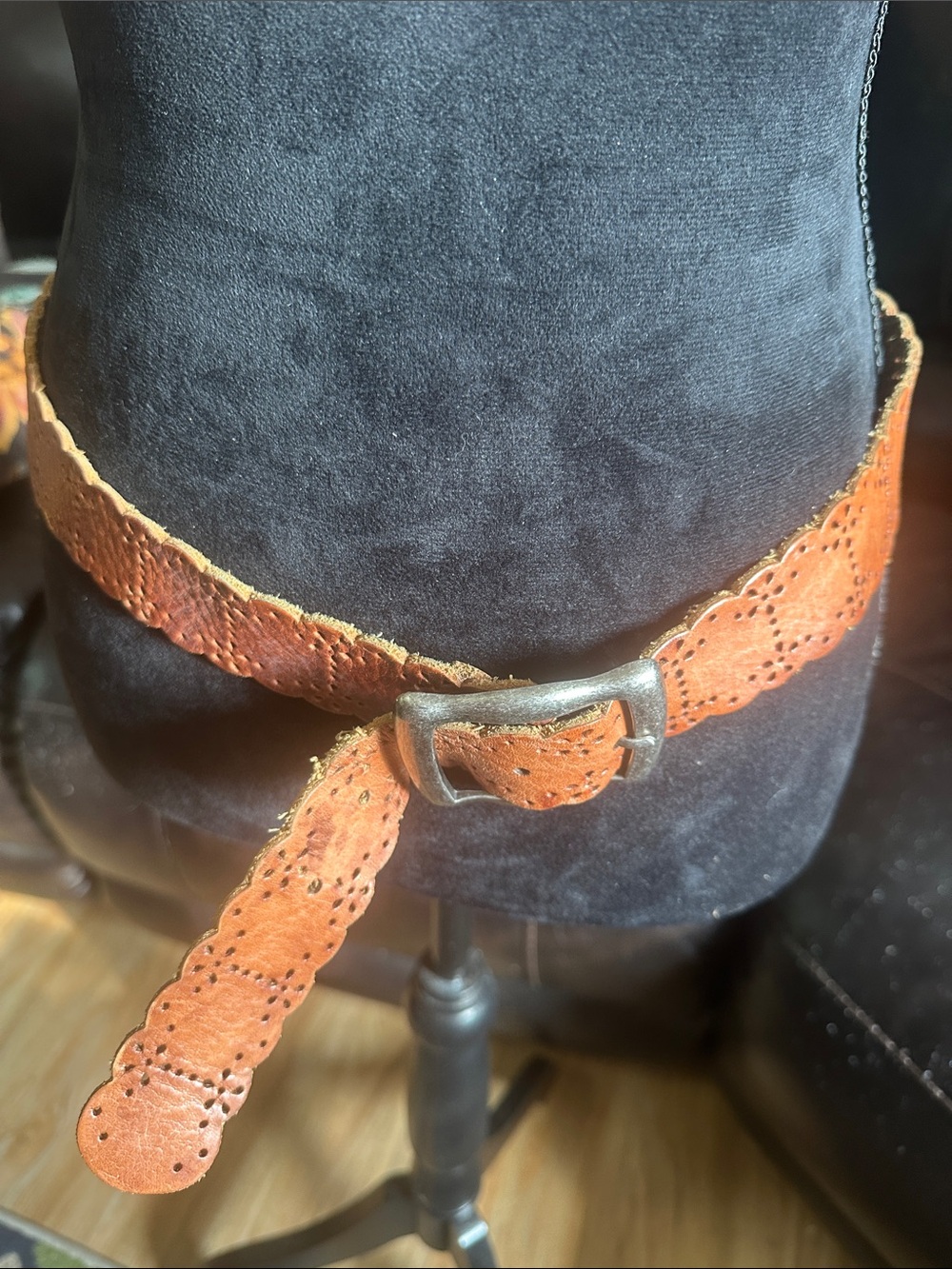 Women’s Tan Leather Scalloped Belt with Decorative Perforation